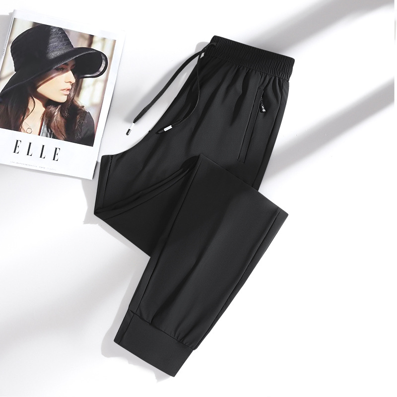 New Ice Silk Thin Strip Casual Sports Loose Pants Men's Straight Nail Front and Back Pocket Nylon High Elastic Pants