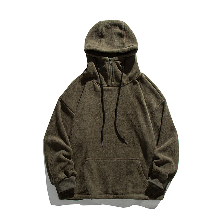 ins European and American Retro Men's Hooded Sweater Teenager Polar Fleece Men's Pullover Solid Color Trendy Brand Coat Top