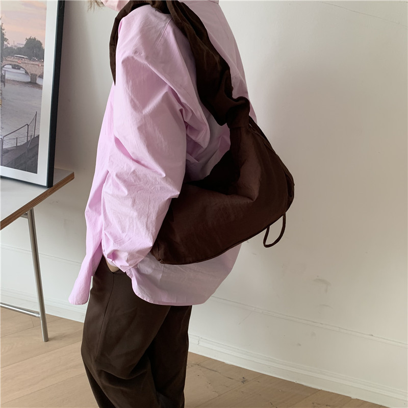 Canvas Bag Women's Korean-style Single-shoulder Pleated Drawstring Canvas Bag Small Fresh Artistic Solid Color Portable Crossbody Casual Women's Bag_voghion.com