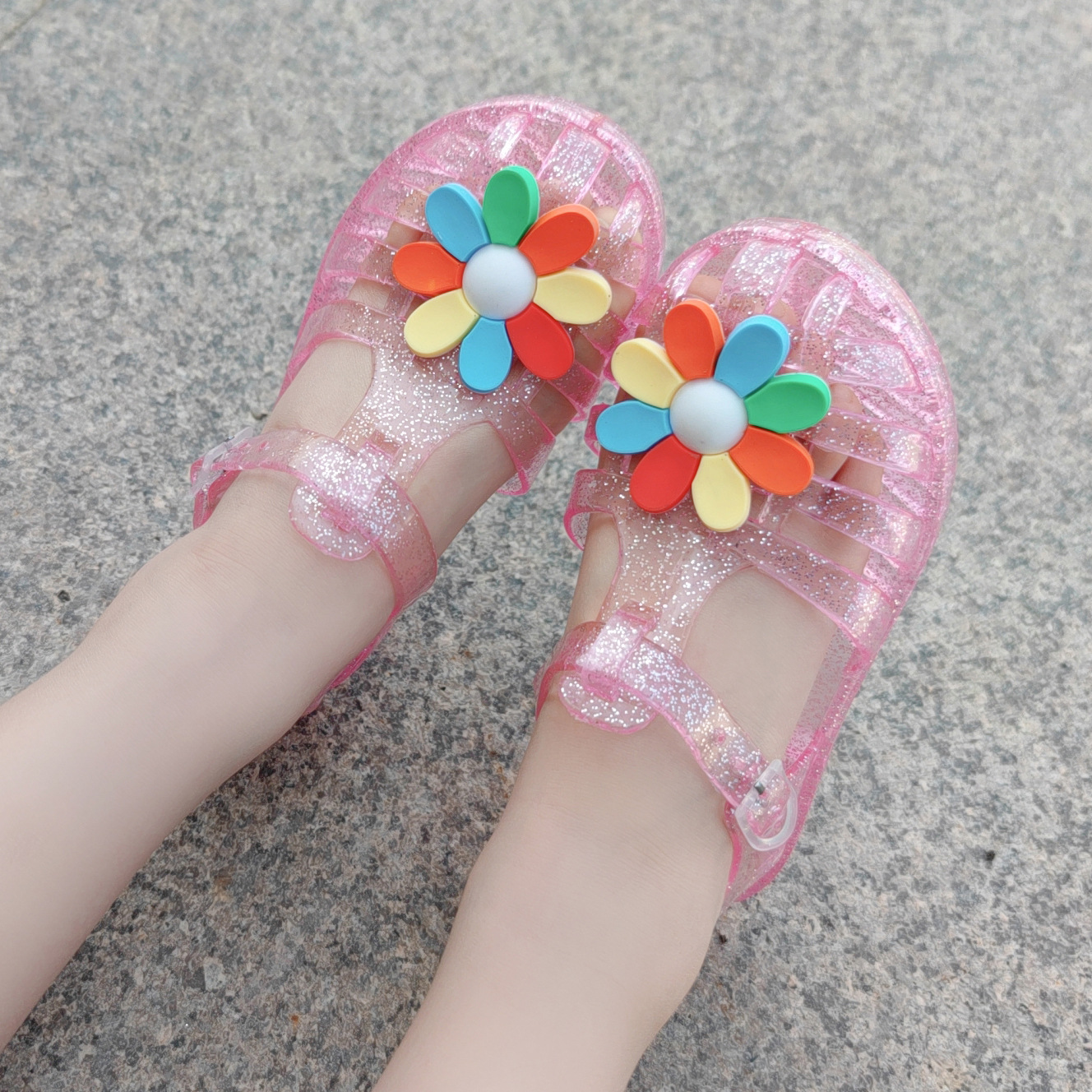 European and American New Summer Baby Girl Baotou Jelly Slippers Children's Seven Color Flower Princess Shoes Roman Beach Shoes