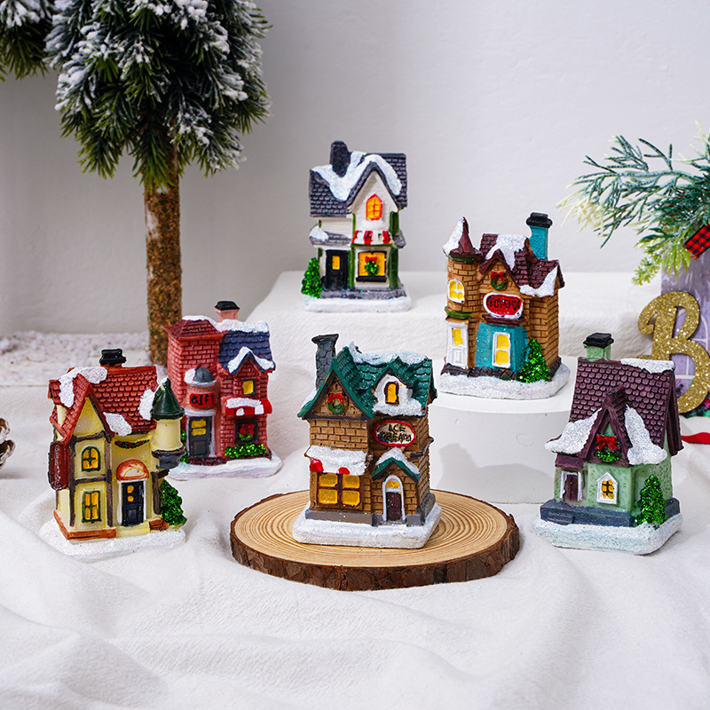 Cross-border new Christmas decorations resin Christmas small house Micro landscape luminous snow house decoration Christmas gift