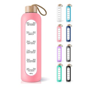1000ml large capacity cross-border bamboo cover glass with time scale silicone protective cover water Cup