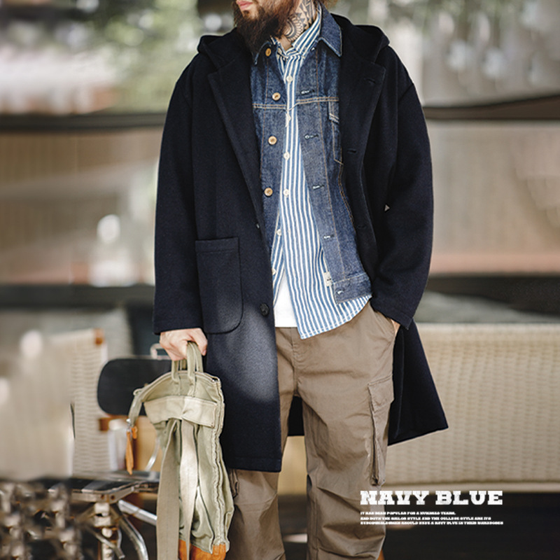 Marden workwear American retro preppy style wool coat hooded warm mid-length woolen coat for men winter
