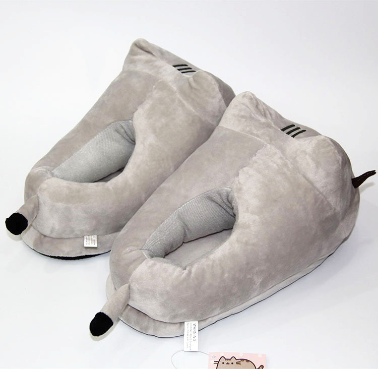 Pantoufles en peluche de dessin animé sirène gros chat gris, chaussures d'intérieur et d'hiver pour la maison, pantoufles en coton avec chat mignon, chaussures de lune pour femmes_voghion.com