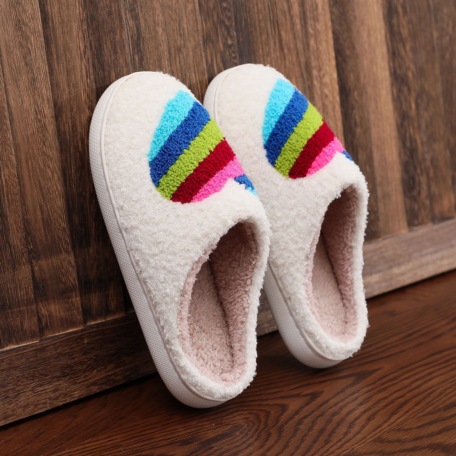 Cross-border mushroom hot winter smiley face peach heart cotton slippers women wholesale indoor home rainbow plush warm slippers