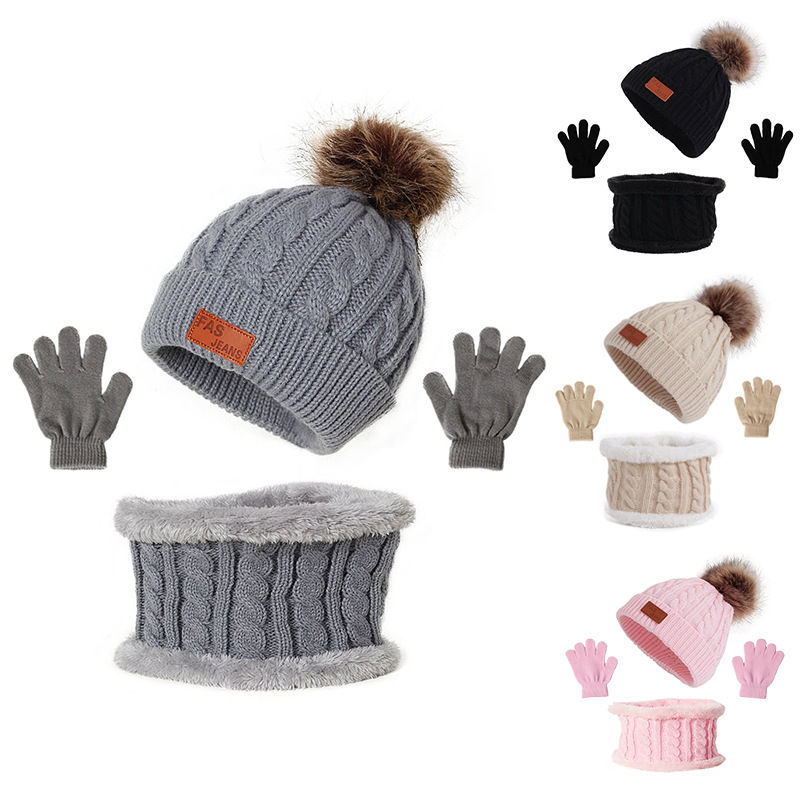 Cross-border European and American children's hat scarf gloves three-piece autumn and winter New Single ball baby hat