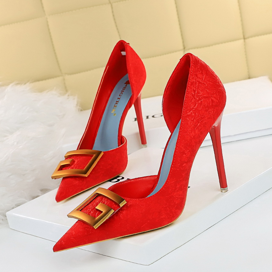 6168-2 Sexy Nightclub Slim High Heel Sharp Side Hollow Out Square Buckle Single Shoe High Heel Women In Black Red Orange Green