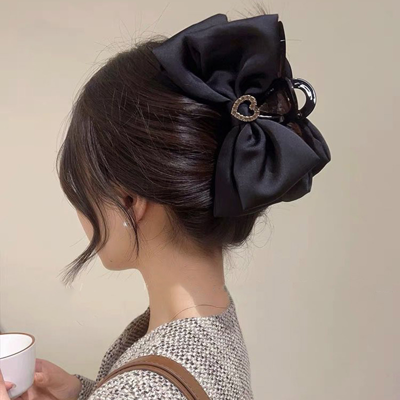 High-grade Satin Large Black Bow Shark Clip Headwear Square Diamond Back Hair Clip Women's Hair Clip