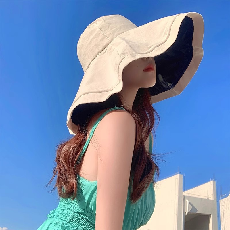2024 new summer fisherman hat Women's Big brim black rubber sun protection hat UV protection sun protection hat foldable