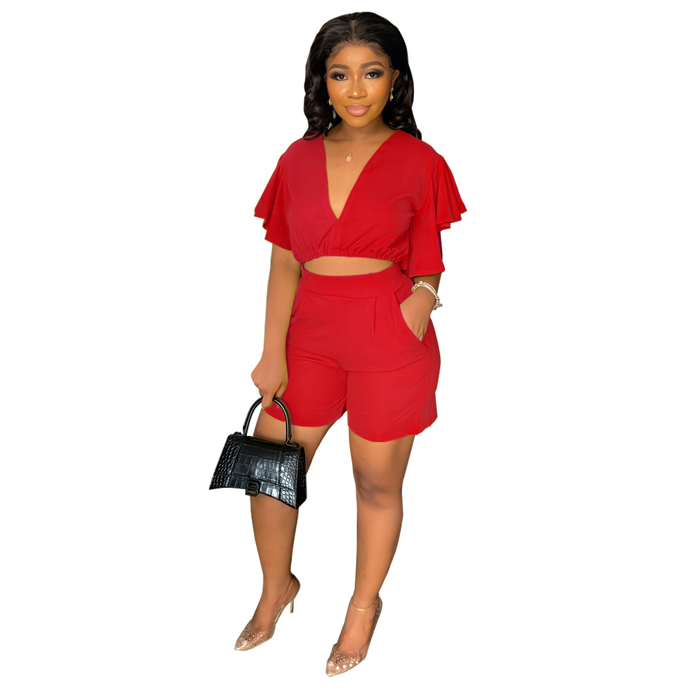 9758 Cross-border European and American Amazon Ruffled Short V-neck Top Casual Shorts Summer Two-piece Set
