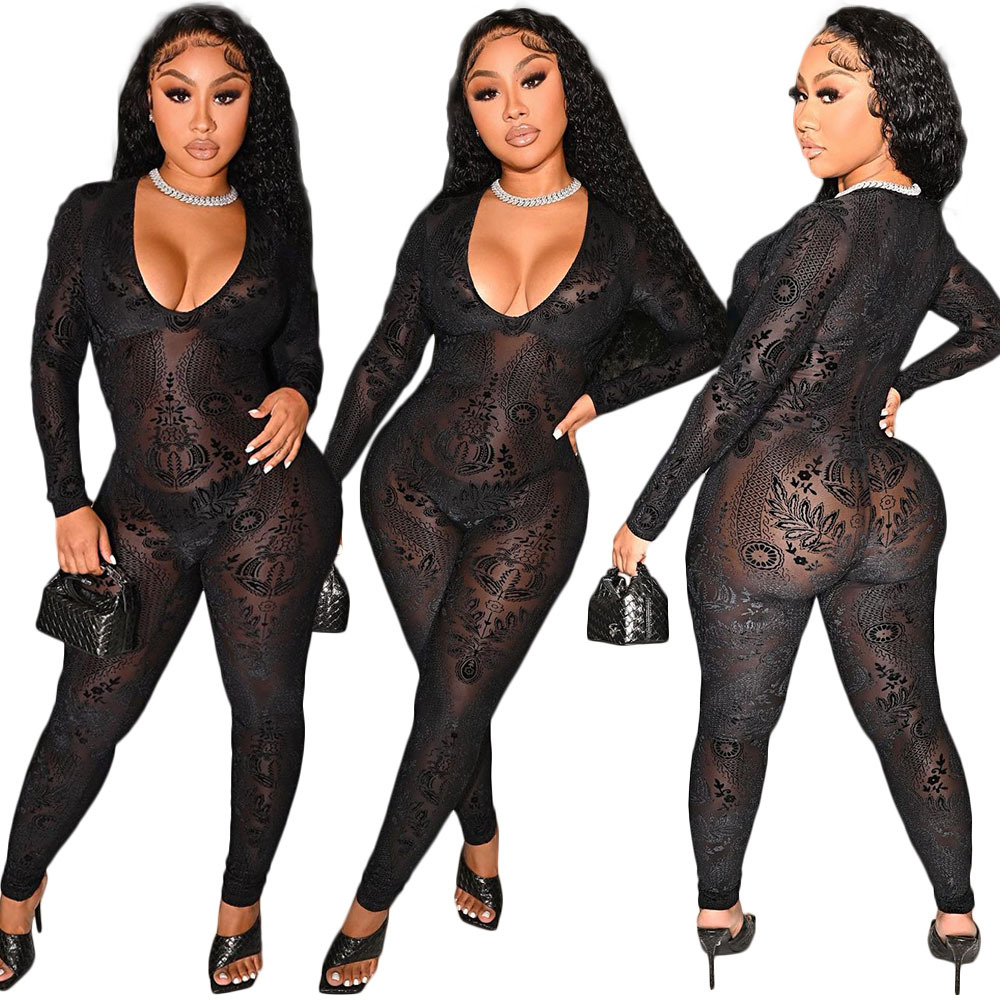 DY6676 European and American women's clothing Amazon Wish sexy deep U perspective mesh printed slim jumpsuit nightclub