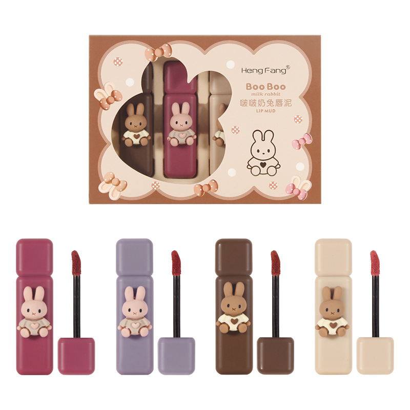 4 PCs suit cartoon small rabbit lip mud soft mist soft glutinous lip long-lasting lock color empty air mist lip glaze lip gloss