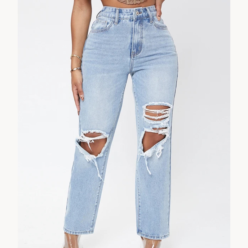 European and American Washed Jeans Women's 2023 New Fashion Amazon Cross-border Hot High Waist Ripped Loose Straight Pants