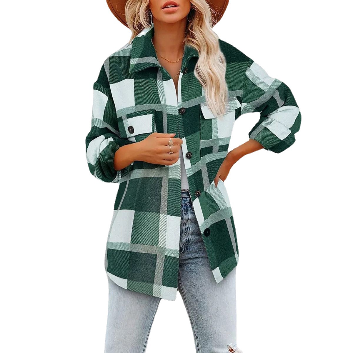 European and American Foreign Trade New Amazon Explosive Women's Wool Plaid Shirt Flannel Loose Shirt Jacket Coat