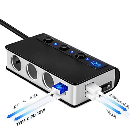 Pd20w + ダブルqc車載携帯電話充電器180w一ドラッグ三点煙器車充電独立スイッチ電圧デジタル表示|undefined