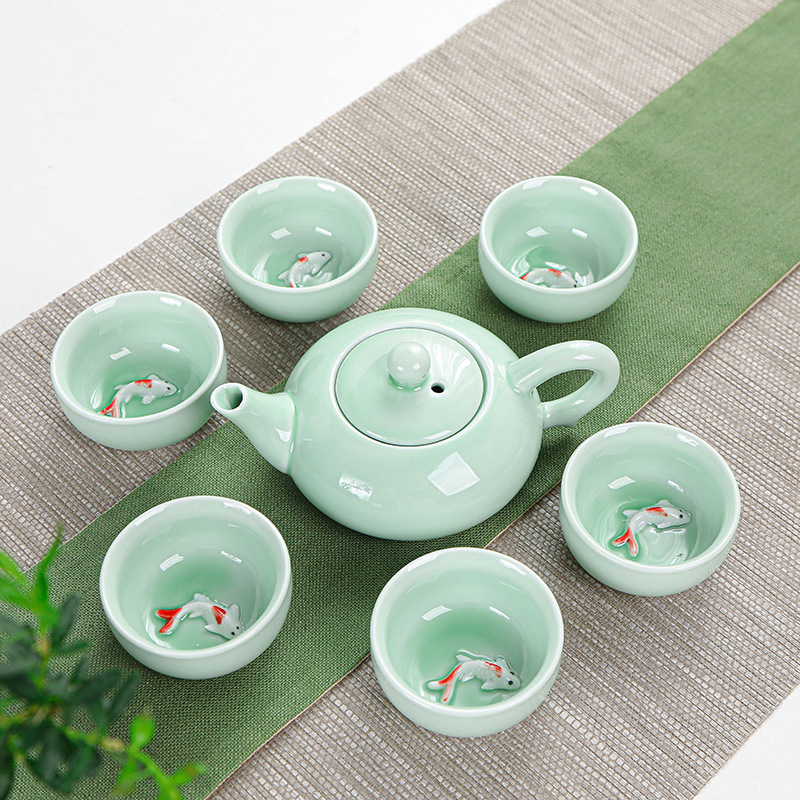 Celadon Small Fish One Pot Six-Cup Tea Set Household Simple Portable Gift Activity Accompanying Gift Printable logo