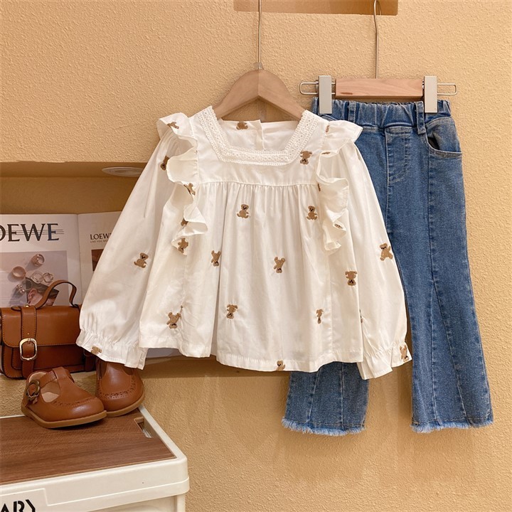 Girls' Fashionable Two-piece Set Autumn New Children's Stylish Lace Flying Sleeve Doll Shirt Burr Edge Jeans Set
