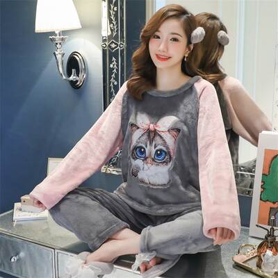 Cross-border pajamas women's coral velvet autumn and winter warm cute sweet girl's suit flannel home clothing large quantity discount