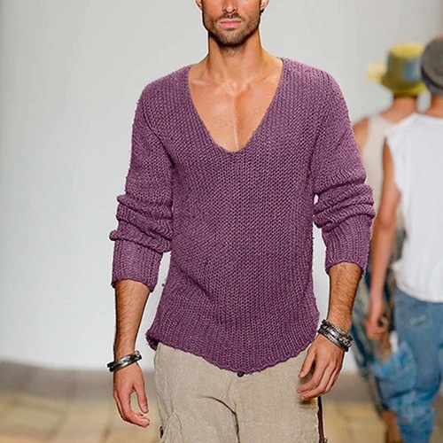 European and American Men's Long-sleeved V-neck Loose Large Size Men's Fashion Casual Solid Color Knitted Pullover Cross-border Sweater