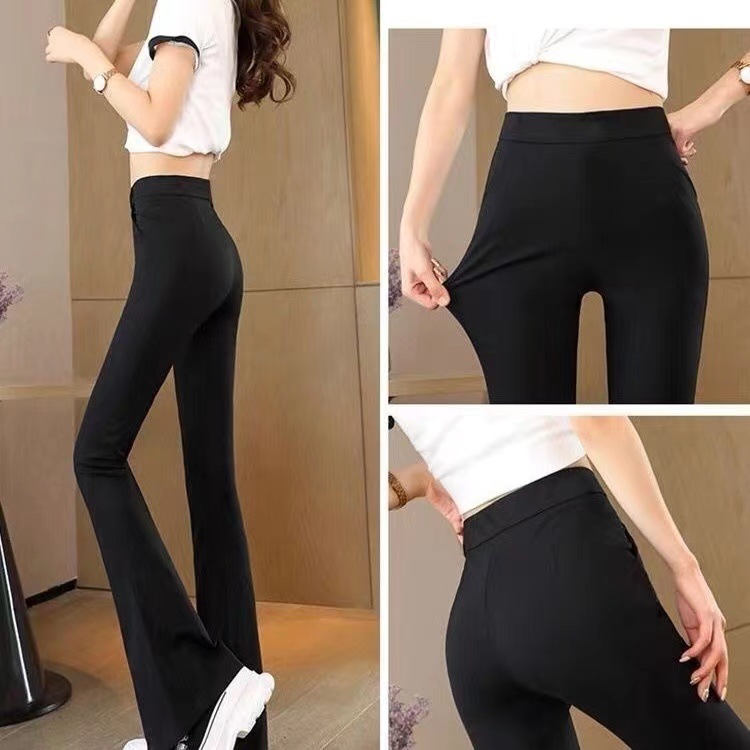 A generation of black fleece-lined padded flared pants women's high waist elastic leggings tight micro horn pants long pants