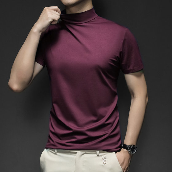 Amazon Four Seasons Men's Crewneck Half-high Collar Short-sleeved T-shirt New Solid Color Slim-fit Teenager Middle Collar Base Top