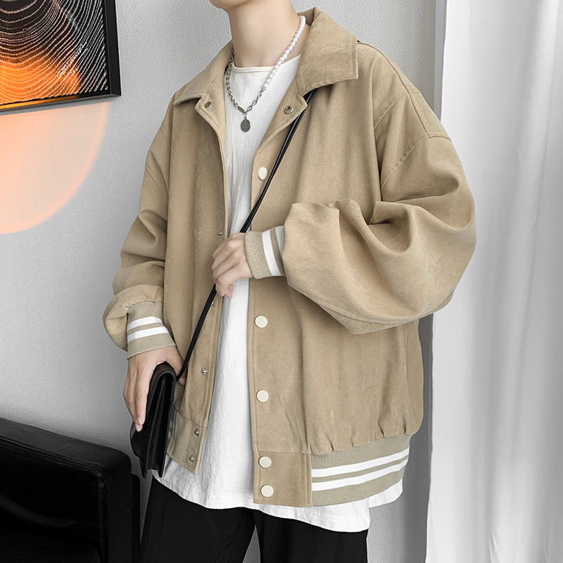 Baseball Suit Jacket Men's Spring Thickened Trendy Brand Solid Color Lapel Jacket Hong Kong Style Loose Retro New Student Jacket