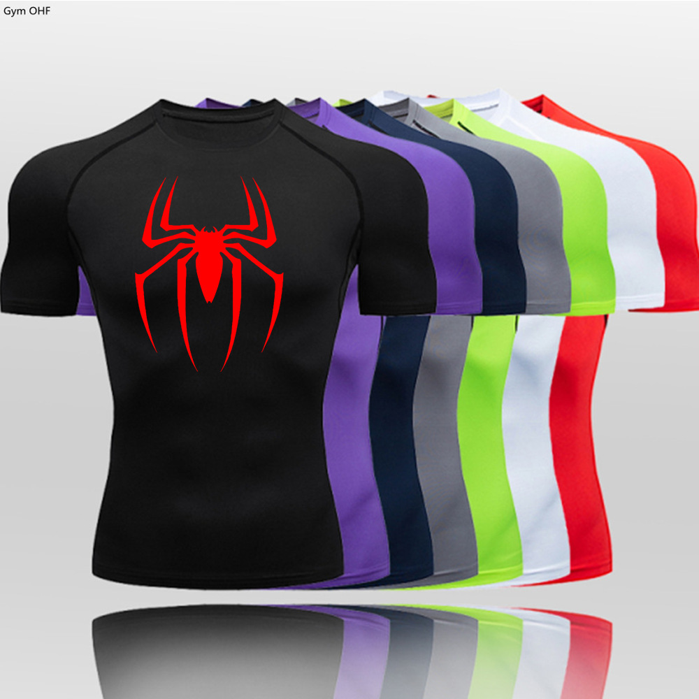 Spider hot cross-border manufacturers sell men's fitness tight T-shirt quick-drying high elastic sports shirt undershirt