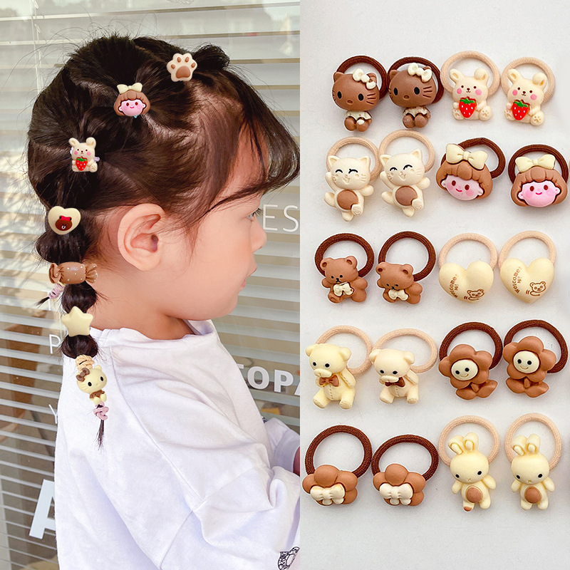 New Trendy Children's Milk Coffee Color Hair Rubber Band Hair Accessories Set, Highly Elastic Cartoon Hair Ties Wholesale
