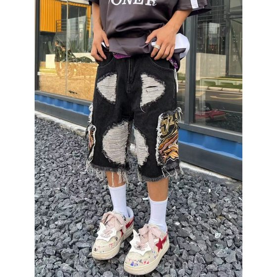 European and American street fashion hip hop men and women couple ins fashion brand ripped Embroidered Tassel High Street Denim shorts