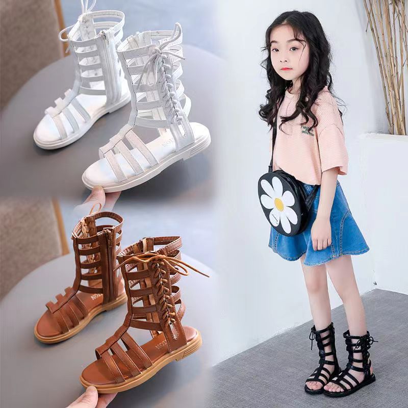 Girls' Sandals 2023 Summer New Little Girl's Roman Shoes Soft Sole Children's Princess Shoes Mid-Big Children's Beach Shoes