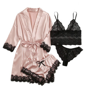 New European and American women's pajamas 4-piece set Bud strap pajamas women's summer suit with nightgown nightgown wholesale