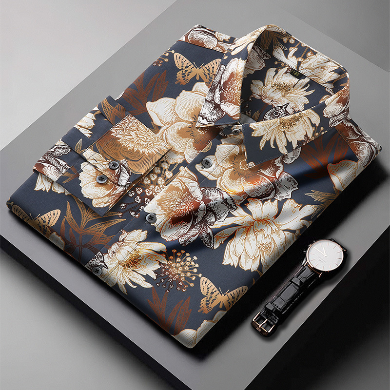 European and American Cross-border plus size Men's Long-sleeved Printed Shirt for Chubby Spring and Autumn Loose Casual Plus Large Size Shirt