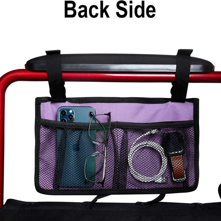 Wheelchair side storage bag with cup holder and reflective stripe armrest bag, suitable for most wheelchair walkers.