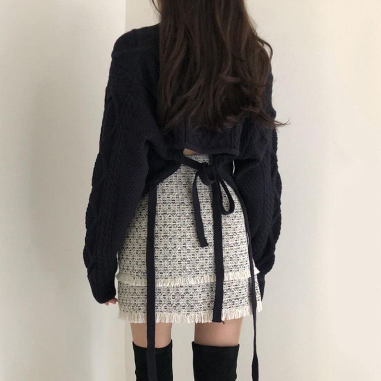 Autumn and Winter New Korean Style chic Stylish Vintage Nimble Pattern Back Strap Japanese Style Lazy Style Knitted Sweater for Women
