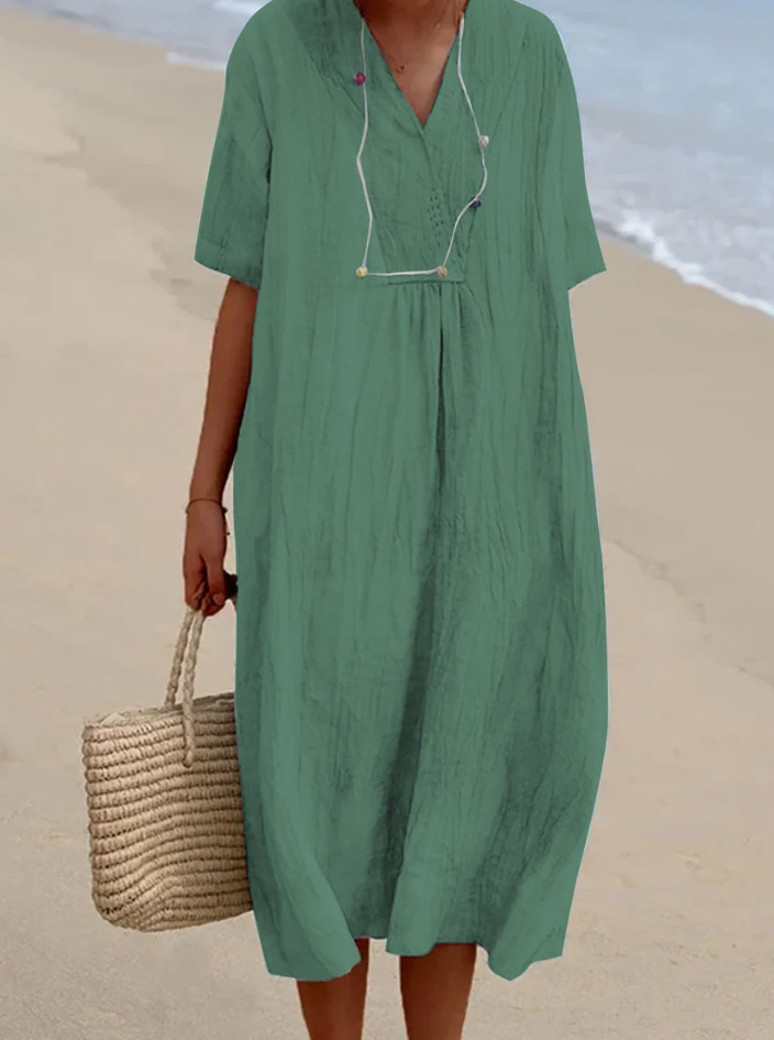 2024 Amazon Explosions Cotton and Linen in stock Women's Solid Color Large V-Collar Fashion dress