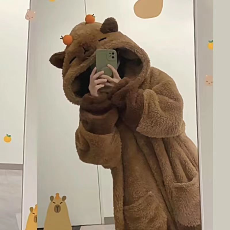 Capabala winter New thickened fleece nightgown cartoon cute style long coral fleece pajamas women's homewear
