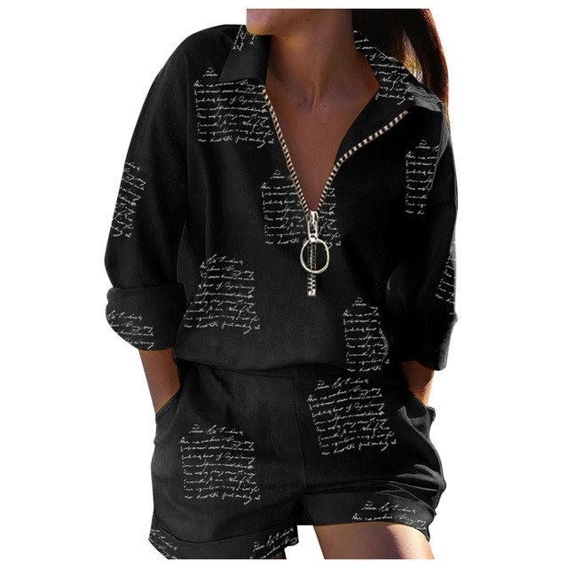 Cross-border Amazon 2023 Women's New Autumn Fashion Set Long Sleeve Printed Zipper Top Shorts Two-piece Set