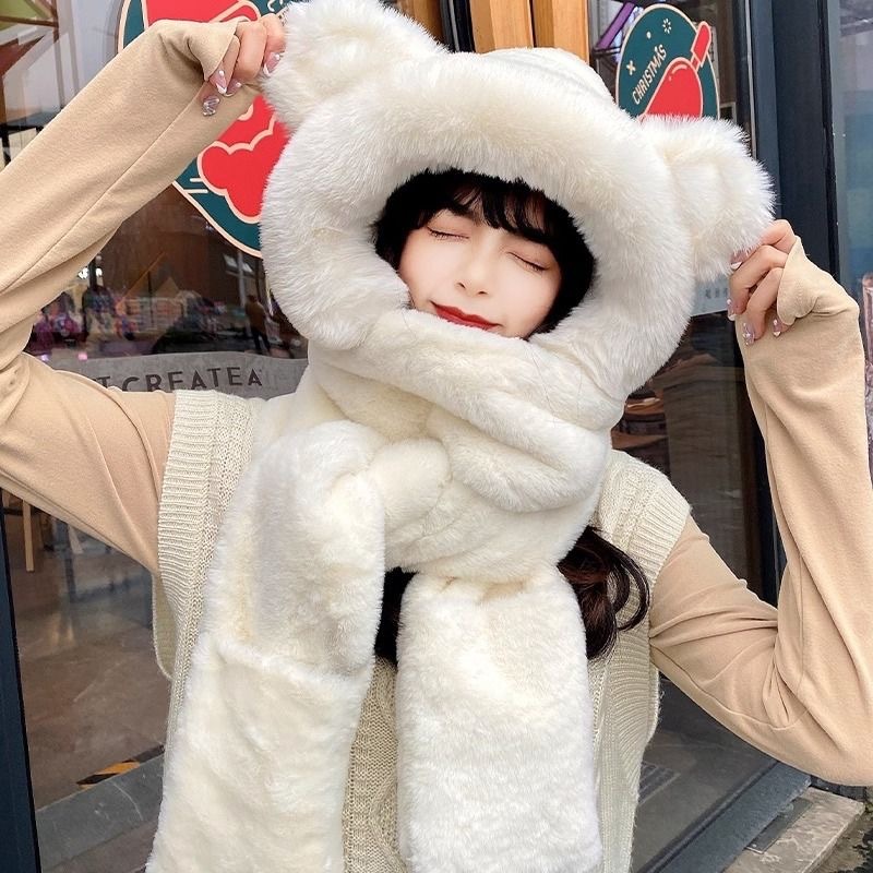 Winter Cute Plush Big Ears Bear Hat High Color Value Thickened Warm Scarf Gloves Three-piece Outdoor Winter Hat