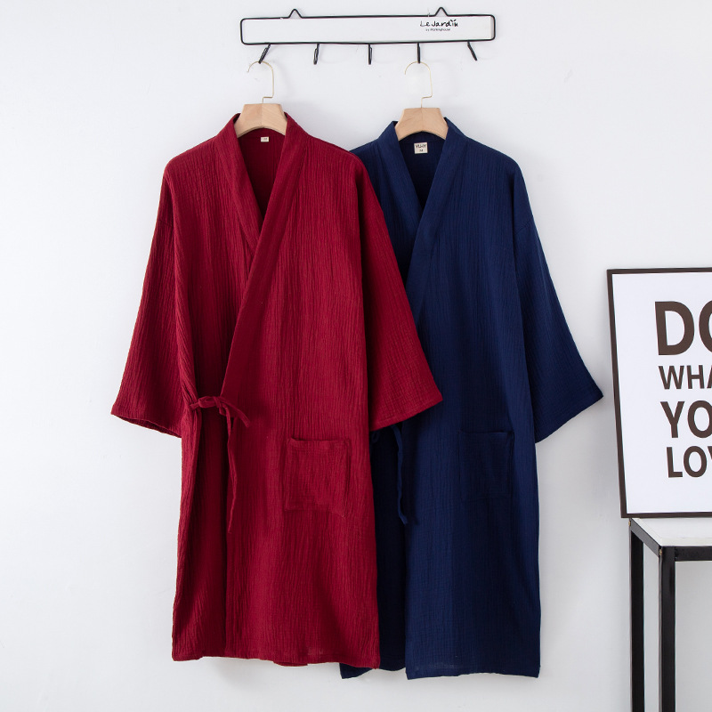 Japanese Couple's Nightgown Women's Nightgown Spring and Autumn Kimono Pure Cotton Men's Large Size Lace-up Hanfu Bathrobe Sweatshirt