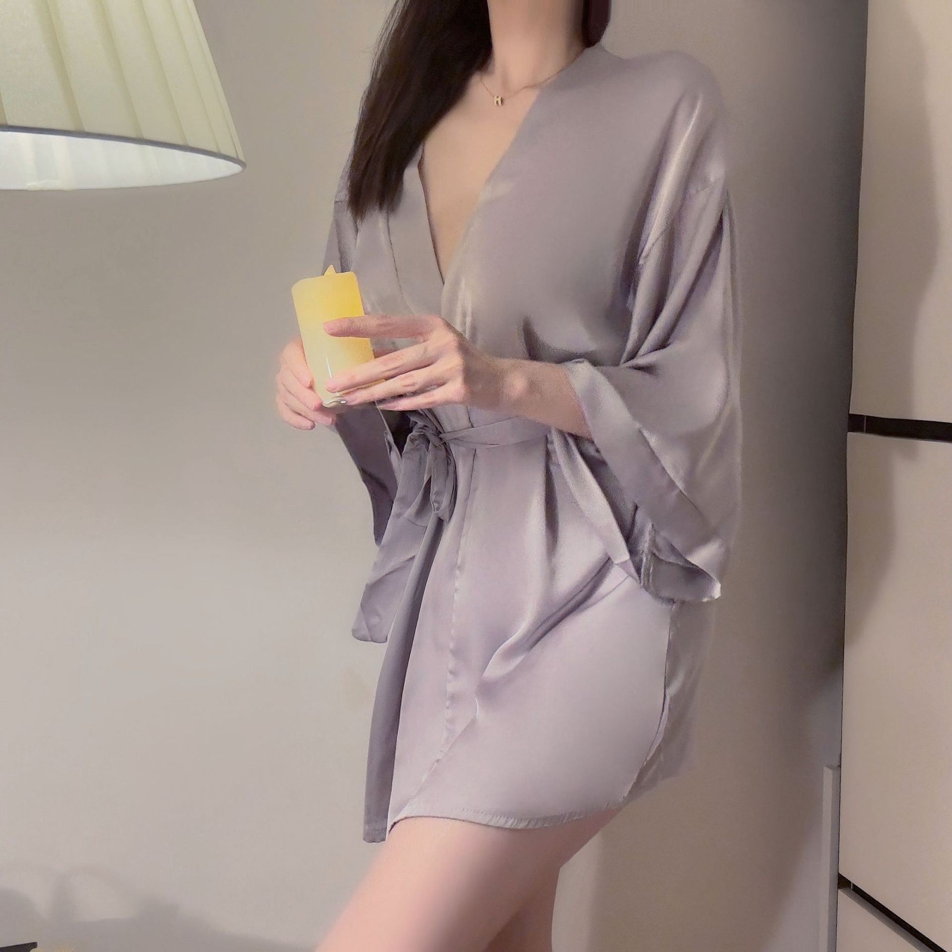 Night Fun Dessous Sexy Satin Dünne Strickjacke Schnürnachthemd Übergröße Bademantel Hauskleidung Pyjama Damenanzug_voghion.com