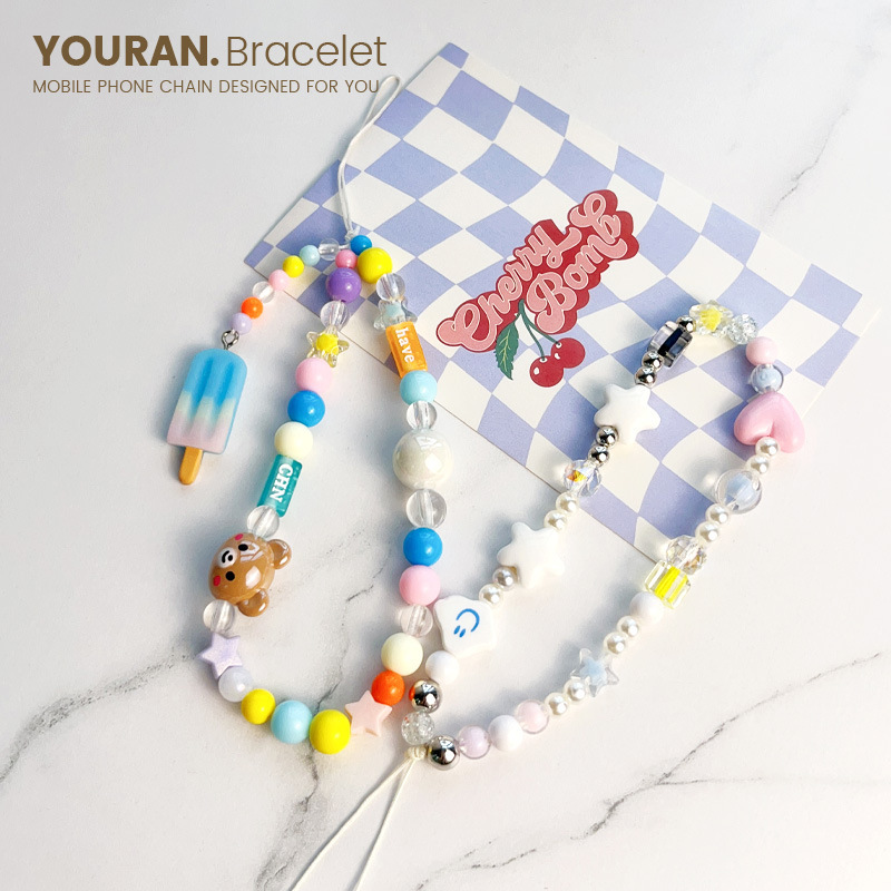 New DIY Mobile Phone Case Hanging Chain Flower Strawberry Bow Color Wrist Beaded Headset Bag Pendant Pendant