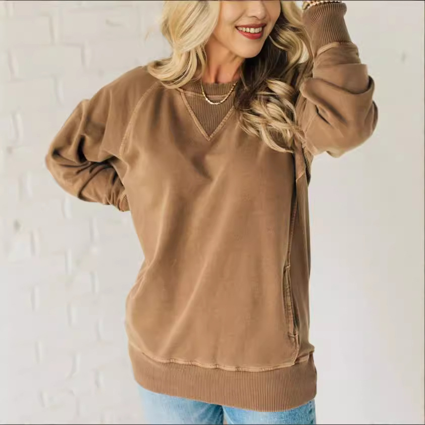 European and American Cross-border Autumn and Winter New Women's Rib Decorative Pocket Pullover Amazon Explosions Long Sleeve Loose Sweater