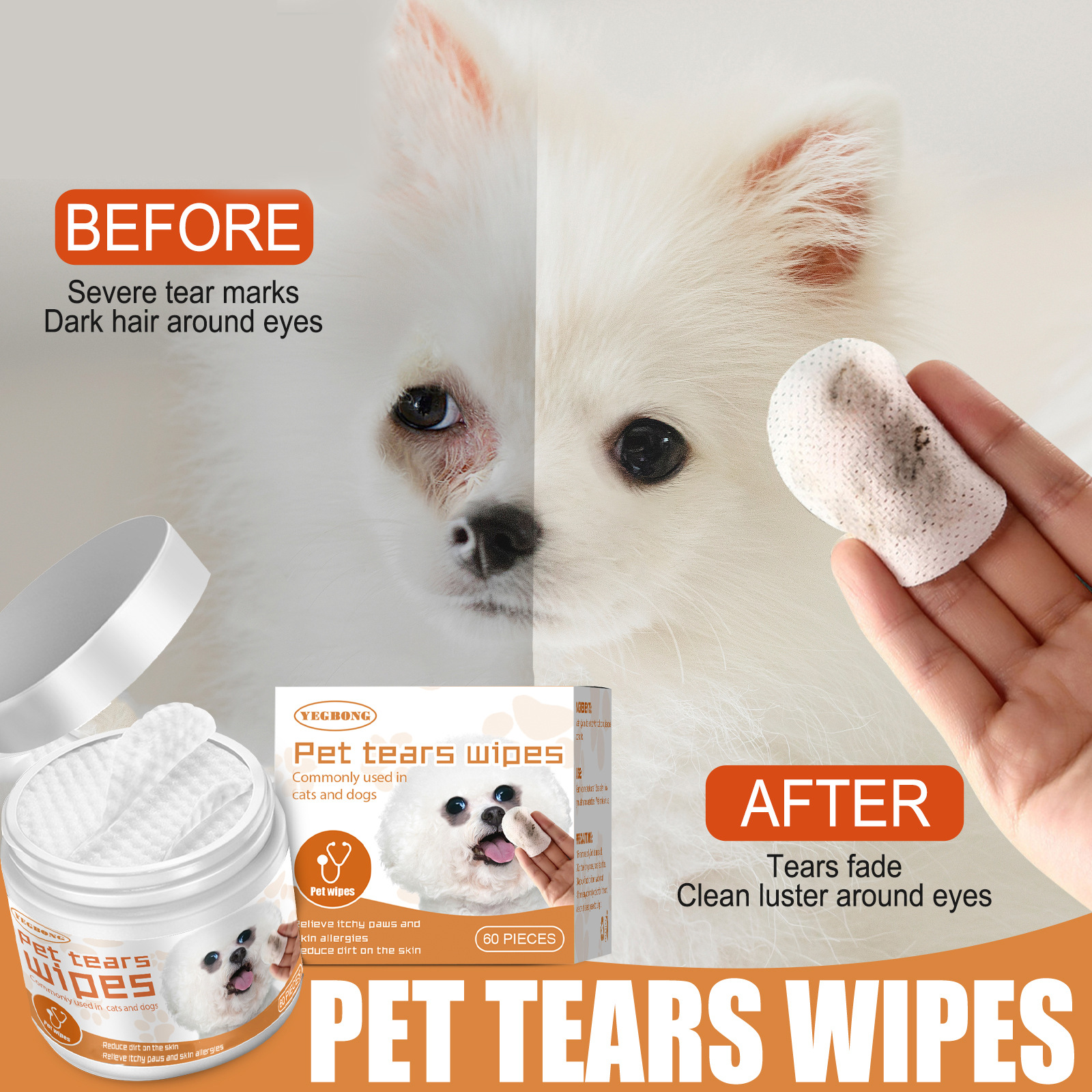 Yegbong pet wipes cleaning dog cat tear removal eye cleaning wipe eye droppings remove eye dirt cotton pad
