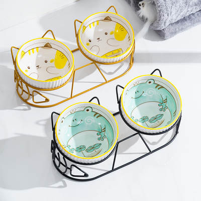 Cat Bowl Double Bowl Ceramic Cat Food Basin Dog Bowl Pet Bowl Cat Food Water Bowl Fixed Elevated Rack Protects Cervical Spine Anti-overturning