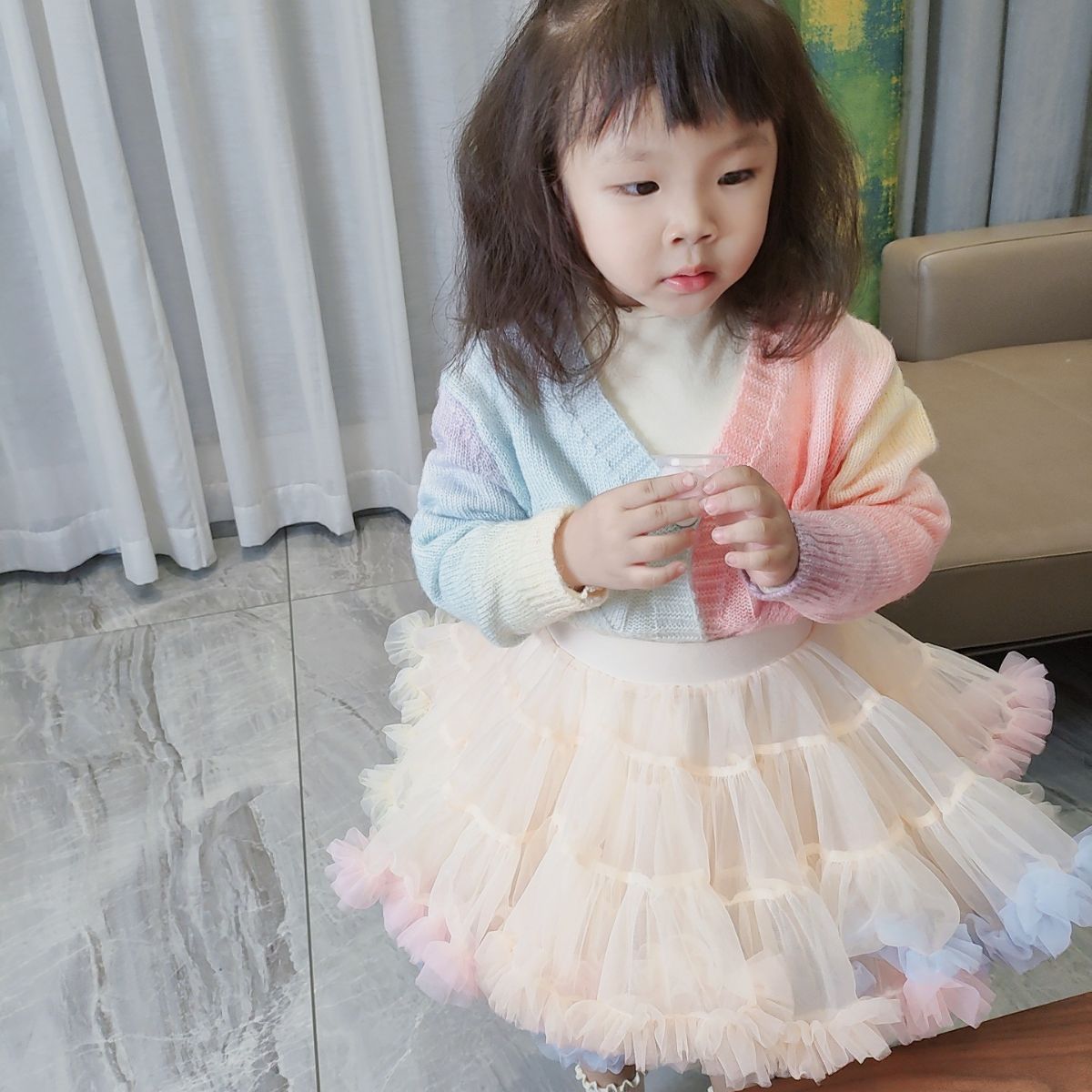 Yiwu Leaf Girl's Autumn Rainbow Knitted Cardigan Jacket TUTU Skirt Matching Top Mesh Half Skirt