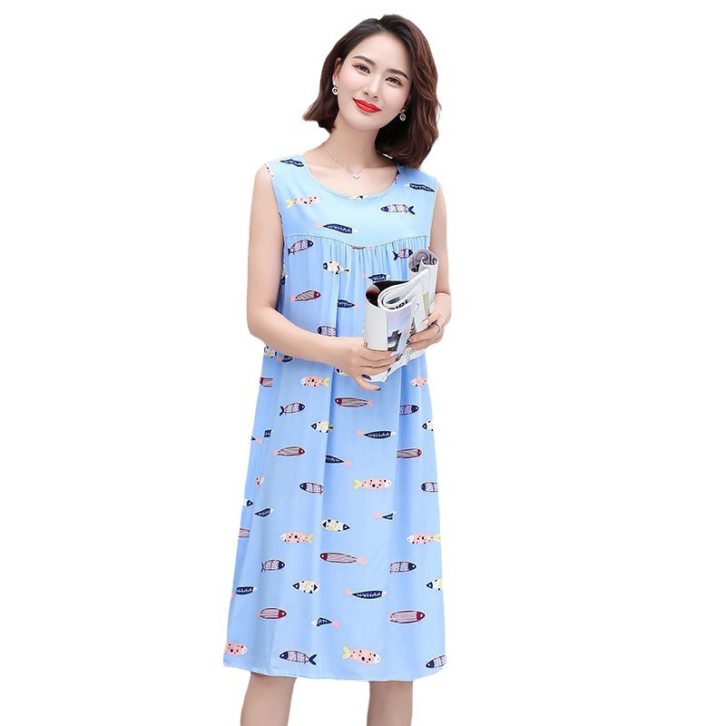 Summer Middle-aged and Elderly People's Cotton Silk Nightdress Pajamas Women's Cotton Silk Dress Summer Adult Large Size Mother's Home Clothes