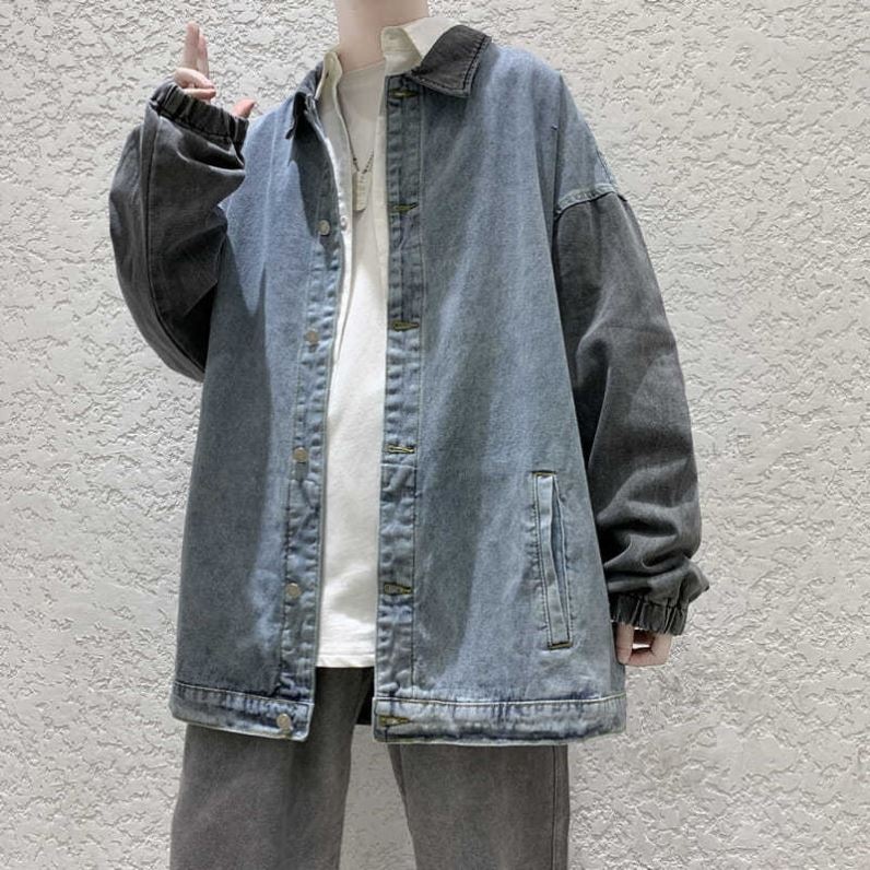 Hong Kong Style Loose Casual Denim Jacket Men's Spring and Autumn Design Sense Stitching Korean Style Fashionable Youth Washed Tooling Jacket