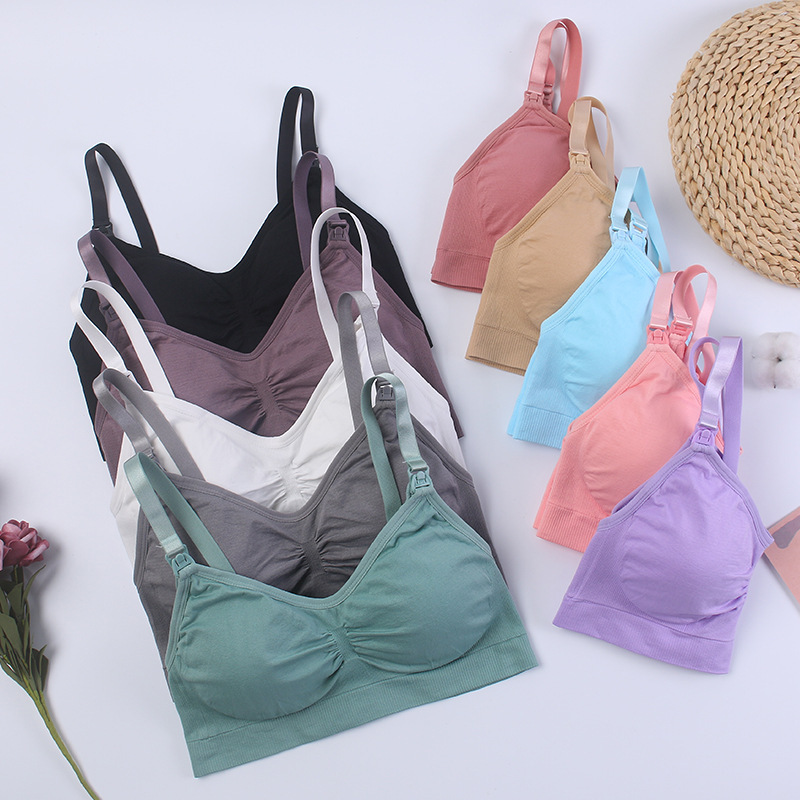 Breastfeeding Bra with Open Buckle and No Steel Ring Double Seamless Postpartum Breastfeeding Bra Underwear with Detachable Breathable Breast Pad