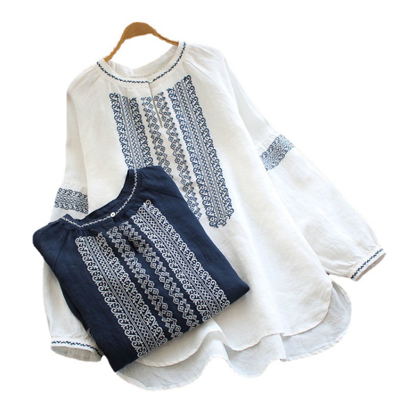 2023 Spring and Summer New Shirt Large Size Cotton Linen Long Sleeve Loose Top for Women
