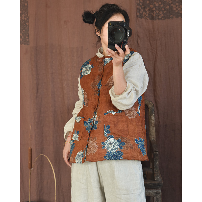 4026 Original fait maison femme Guofeng vintage coton rembourré veste gilet automne et hiver ramie imprimé boucle coton gilet_voghion.com